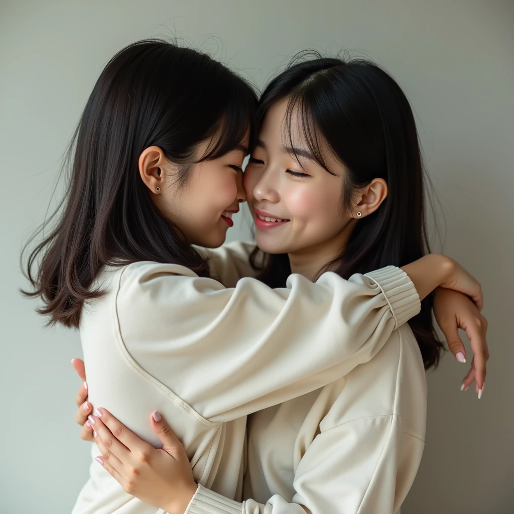 Identical twin sisters hugging、Realistic Photo, two japanese women