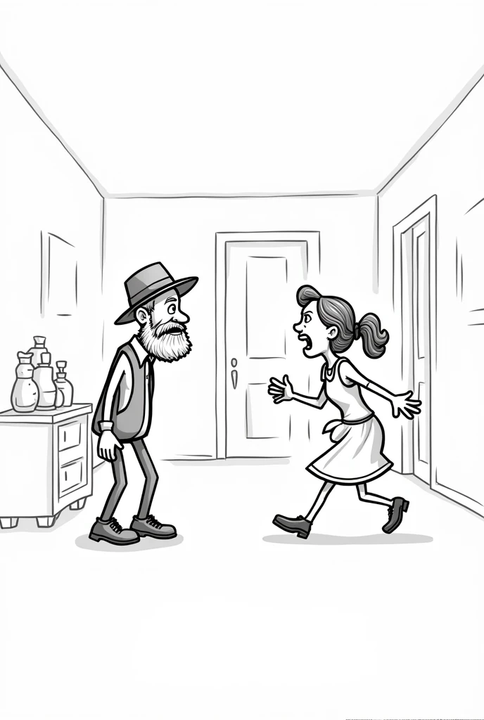 Create a black and white drawing , easy to draw, of a slightly older, worried-looking farmer man with a beard and hat , and a worried woman with her mouth open running to pick up things , both do them inside the house , Place objects in the room and make both of them have their mouths open as if they were talking., Don't open your mouth so much, make the man less fat.. Make them face to face , Make the man thin and without a chin and with a face of sadness and worry