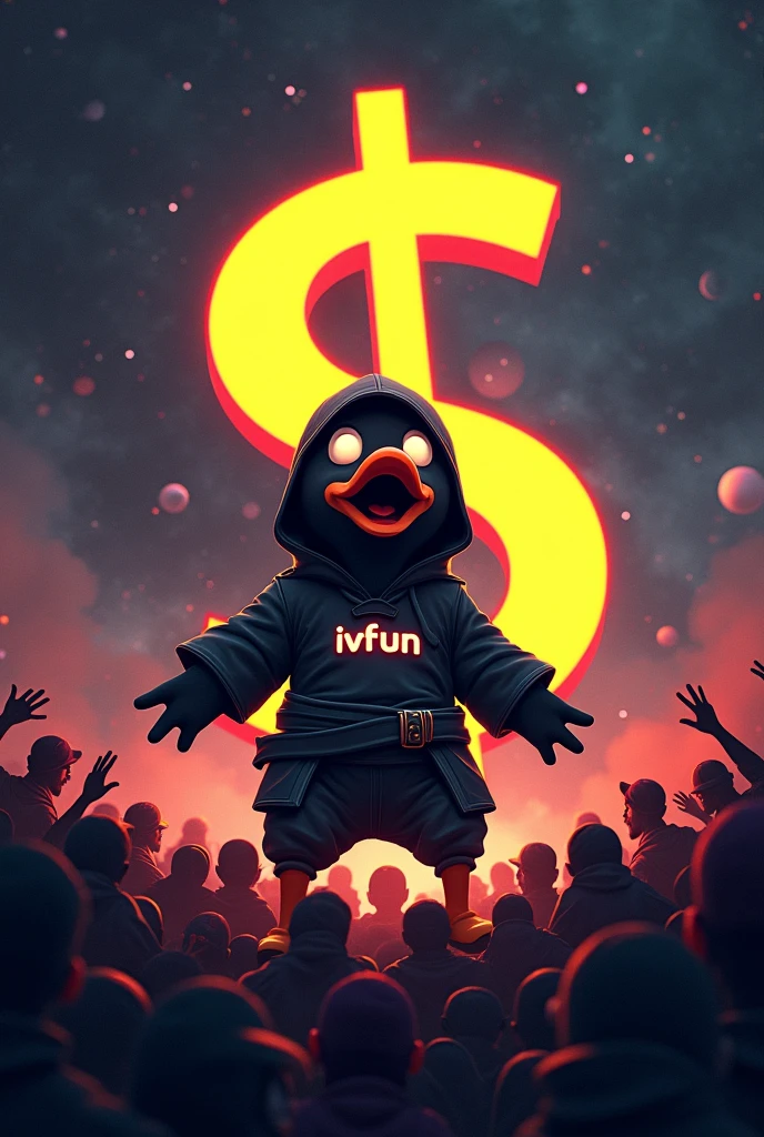 "Picture a teenage ninja duck in a 'Sin City'-style space setting. The duck is dressed in a sleek, dark ninja outfit with a bright IVFun logo t-shirt. The backdrop is a high-contrast, noir-inspired cosmic environment, featuring deep blacks and striking whites with splashes of color for distant stars, nebulae, and shadowy planets.
Surrounding the duck is a crowd of 1,000 enthusiastic fans, all wearing IVFun caps. The fans are depicted in silhouette or with minimal detail to maintain the noir aesthetic, their caps and general forms standing out against the dark space. The duck's face is a dramatic mix of shock and excitement, with wide eyes and an open beak as it gazes at a massive, glowing dollar sign floating before it, symbolizing an extraordinary increase in profits. This scene blends the gritty, stylized look of 'Sin City' with the thrill of financial success and the energy of a massive fanbase." 8K