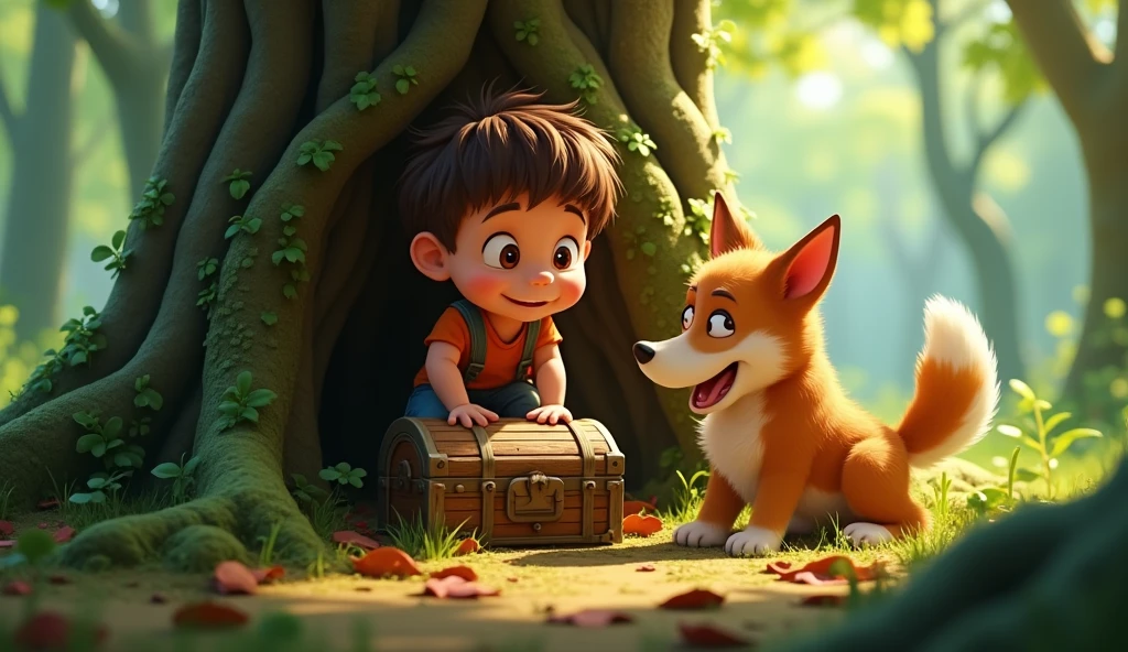 Timmy and Max uncover a small treasure chest buried under a tree. Timmy looks amazed, and Max is wagging his tail excitedly.