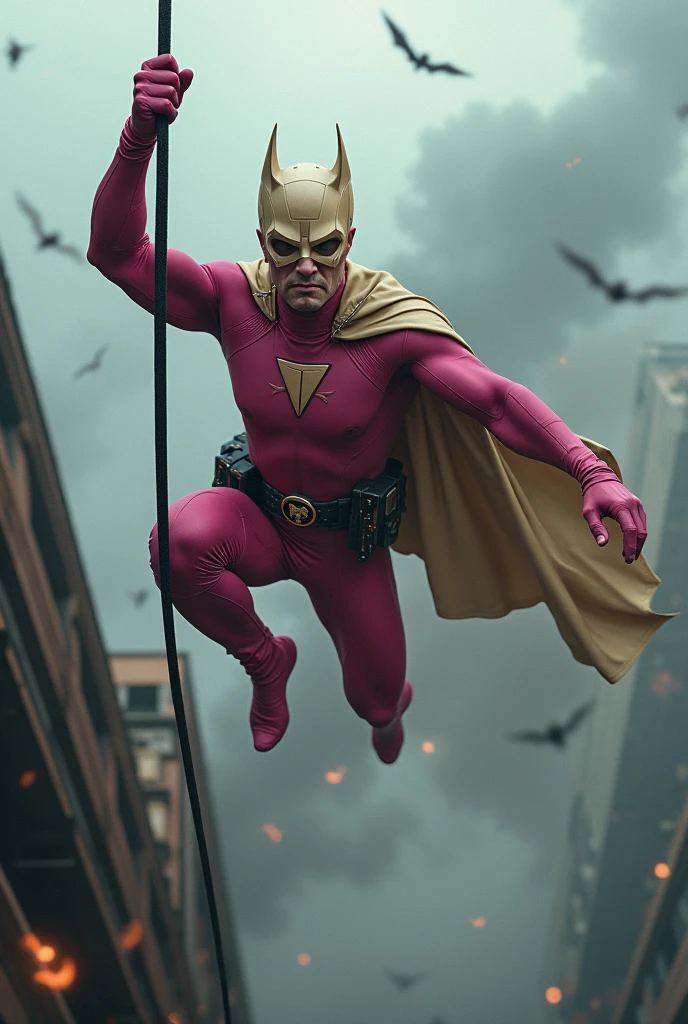 Malaysia man in high-tech suit, vivid effects, malaysian superhero (KELUANG MAN) in a striking pink and beige costume cyberpunk design, mask small mini bat ear beige, daredevil beige mask, jumpsuit dark pink stands confidently in a dramatic.jumping from high place.hero costume.one hand rise up. Big triangle logo on the chest.high detail Punisher logo on the chest. Fighting pose , stormy landscape. ((Head covered node guard like batman. Running pose , athletic body type, small mini ear bat mask))The character wears domino mask a helmet with pointed mini torn ears and a flowing cape biege, open nose and mouth. Equipped with visible futuristic weapons on a belt,bullet proof jacket pink dark day.show fingers pose, dark night, big supermoon effect . Small logo on chest triangle shape small punisher logo center triangle cyber logo center on chest pink logo mini logo . rocky. Building top.smoke ground , bomb effect background, losse pants, losses costume.adding to --ar 3:4 --style raw --stylize 500 --v 6.1. chaos. Lot of small flying bat. One leg on the high stone. Man . Real man age 40 year old. One hand holding belt.one hand holding black rope hanging on building