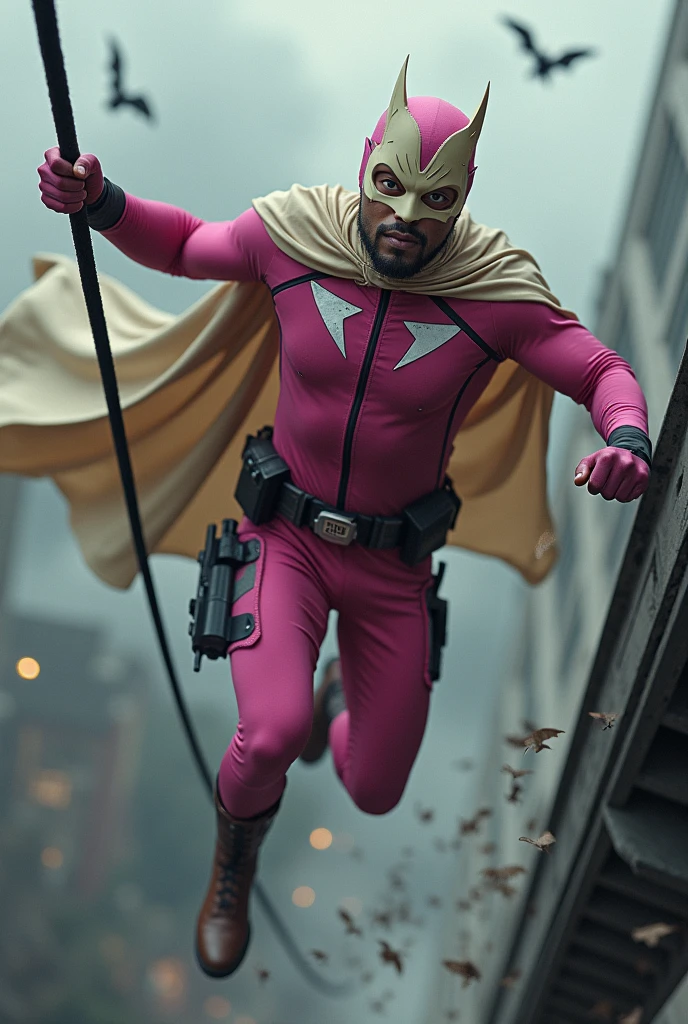 Malaysia man in high-tech suit, vivid effects, malaysian superhero (KELUANG MAN) in a striking pink and beige costume cyberpunk design, mask small mini bat ear beige, daredevil beige mask, jumpsuit dark pink stands confidently in a dramatic.jumping from high place.hero costume.one hand rise up. Big triangle logo on the chest.high detail Punisher logo on the chest. Fighting pose , stormy landscape. ((Head covered node guard like batman. Running pose , athletic body type, small mini ear bat mask))The character wears domino mask a helmet with pointed mini torn ears and a flowing cape biege, open nose and mouth. Equipped with visible futuristic weapons on a belt,bullet proof jacket pink dark day.show fingers pose, dark night, big supermoon effect . Small logo on chest triangle shape small punisher logo center triangle cyber logo center on chest pink logo mini logo . rocky. Building top.smoke ground , bomb effect background, losse pants, losses costume.adding to --ar 3:4 --style raw --stylize 500 --v 6.1. chaos. Lot of small flying bat. One leg on the high stone. Man . Real man age 40 year old. One hand holding belt.one hand holding black rope hanging on building