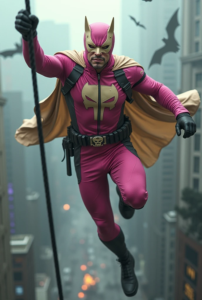 Malaysia man in high-tech suit, vivid effects, malaysian superhero (KELUANG MAN) in a striking pink and beige costume cyberpunk design, mask small mini bat ear beige, daredevil beige mask, jumpsuit dark pink stands confidently in a dramatic.jumping from high place.hero costume.one hand rise up. Big triangle logo on the chest.high detail Punisher logo on the chest. Fighting pose , stormy landscape. ((Head covered node guard like batman. Running pose , athletic body type, small mini ear bat mask))The character wears domino mask a helmet with pointed mini torn ears and a flowing cape biege, open nose and mouth. Equipped with visible futuristic weapons on a belt,bullet proof jacket pink dark day.show fingers pose, dark night, big supermoon effect . Small logo on chest triangle shape small punisher logo center triangle cyber logo center on chest pink logo mini logo . rocky. Building top.smoke ground , bomb effect background, losse pants, losses costume.adding to --ar 3:4 --style raw --stylize 500 --v 6.1. chaos. Lot of small flying bat. One leg on the high stone. Man . Real man age 40 year old. One hand holding belt.one hand holding black rope hanging on building