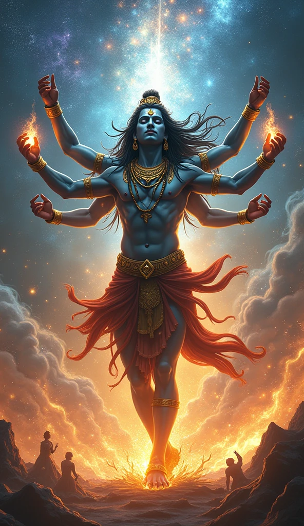 “A majestic depiction of Lord Shiva performing the divine dance, Tandava, amidst a cosmic background. He is surrounded by celestial beings, with his dreadlocks flying, eyes closed in concentration, and multiple arms gracefully moving, symbolizing creation, preservation, and destruction. The dance is powerful and energetic, capturing the essence of Shiva’s divine energy.”