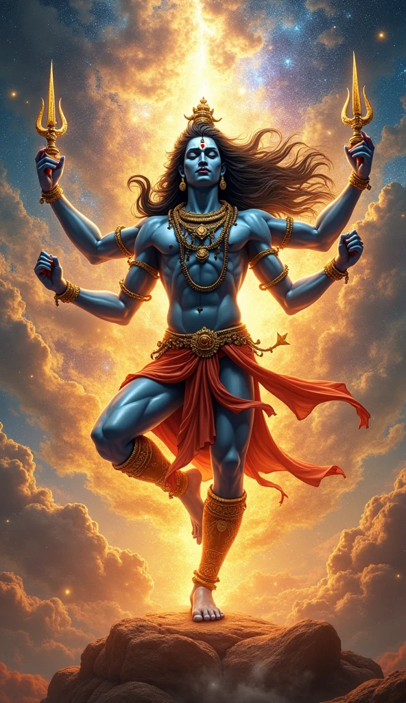  “A majestic depiction of Lord Shiva performing the divine dance, Tandava, amidst a cosmic background. He is surrounded by celestial beings, with his dreadlocks flying, eyes closed in concentration, and multiple arms gracefully moving, symbolizing creation, preservation, and destruction. The dance is powerful and energetic, capturing the essence of Shiva’s divine energy.”