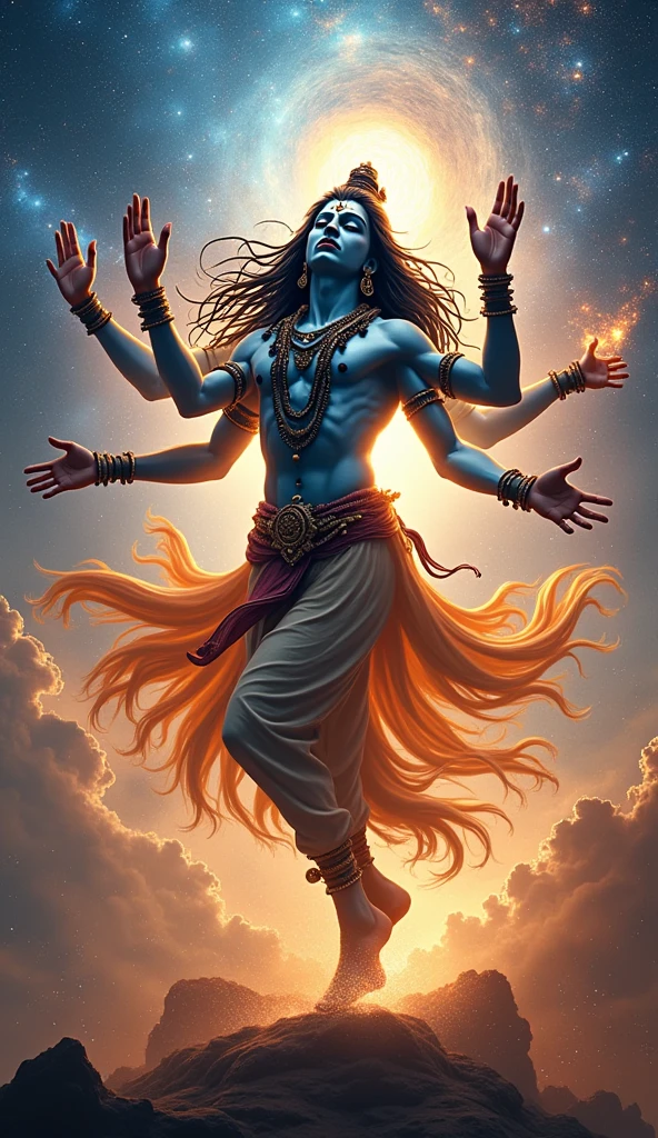 “A majestic depiction of Lord Shiva performing the divine dance, Tandava, amidst a cosmic background. He is surrounded by celestial beings, with his dreadlocks flying, eyes closed in concentration, and multiple arms gracefully moving, symbolizing creation, preservation, and destruction. The dance is powerful and energetic, capturing the essence of Shiva’s divine energy.”