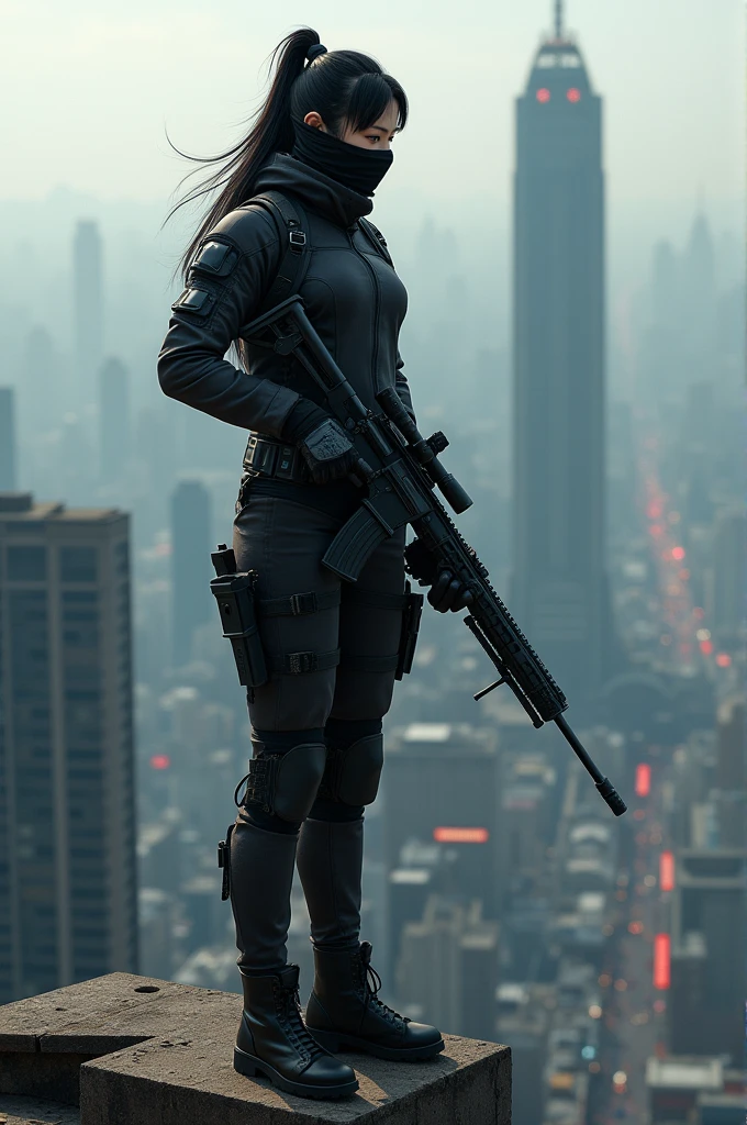 Chinese female sniper wearing a cloth mask and no hood standing on the roof of a high-rise building