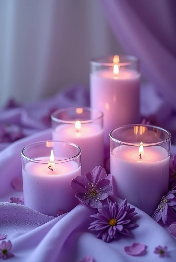 This image is、It shows a beautiful scene with purple candles and flowers arranged。The candles are in clear containers.、The flames flicker gently。In the surrounding area、Purple cloth and flower petals scattered、The overall look is soft and exudes a dreamy atmosphere.。as a whole、Artistic visuals that give a calming impression。
