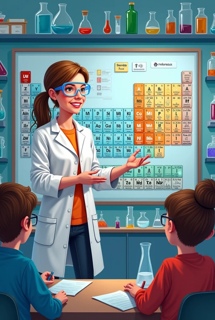 illustration of the periodic table with a teacher[Woman] of chemistry