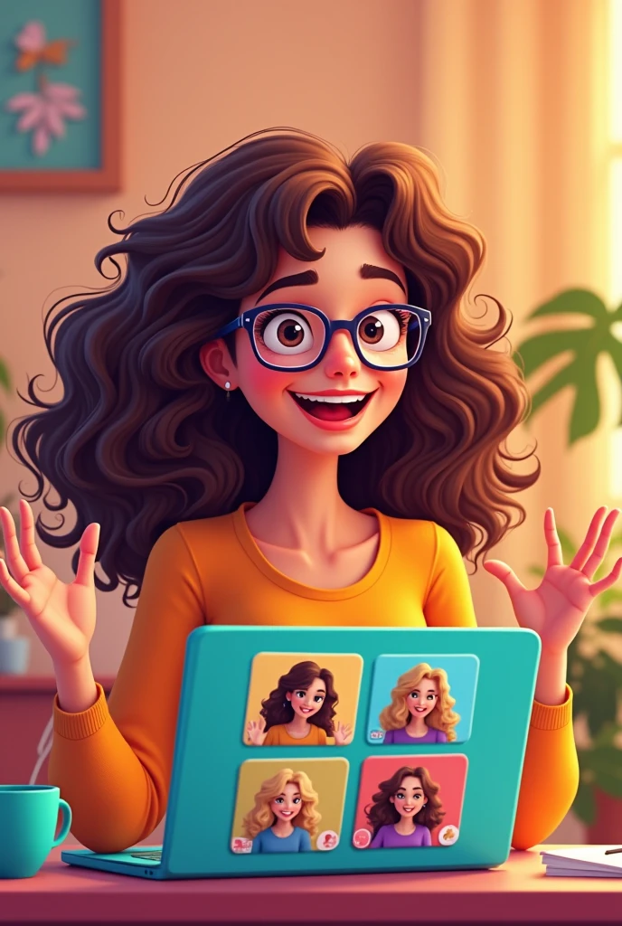 Brunette curly girl with glasses on call with friends animated





