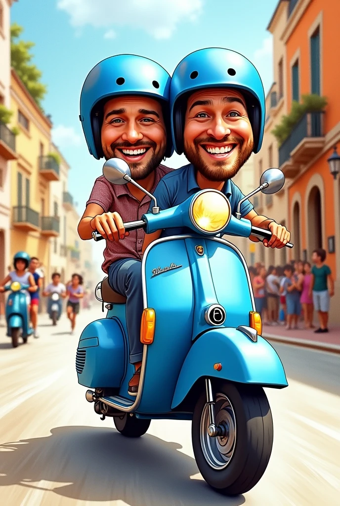 (best quality, masterpiece, watercoloor style),(Two men, caricature, riding a blue vespa motorbike, wearing a blue helmet,)