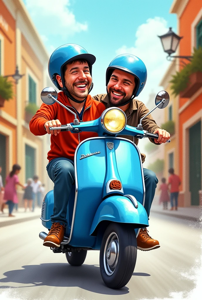 (best quality, masterpiece, watercoloor style),(Two men, caricature, riding a blue vespa motorbike, wearing a blue helmet,)
