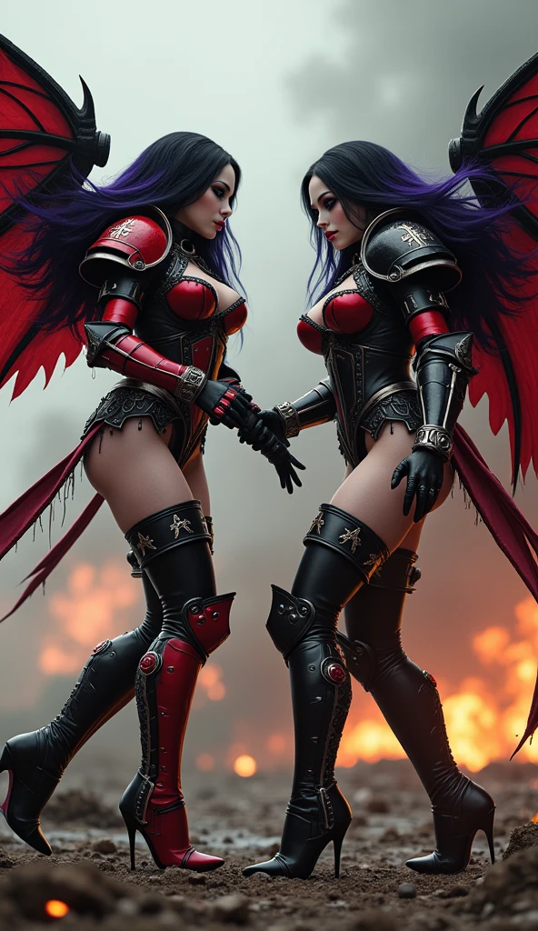 Full body pose sisters of battle from the warhammer 40k, red, black and white armor, religous symbols on the armor, sisters of battle, warhammer 40k, Massive silicone breast, pale skin, seductive, temptation, eat your soul, clevage, long flowing black hair with purple highlights, heavy gothic makeup, at night, neon, beautiful detailed eyes, beautiful detailed lips, extremely detailed eyes and face, long eyelashes, highly detailed armor, intricate weaponry, dramatic lighting, cinematic composition, muted color palette, gritty and realistic, mecha, science fiction, hyper-detailed, photorealistic, award winning digital art, 8k, HDR, masters work, in the middle of a battle field, full body combat action pose, explosions and fire around, full war, stunning, Stilleto heels, high heels, full body pose,