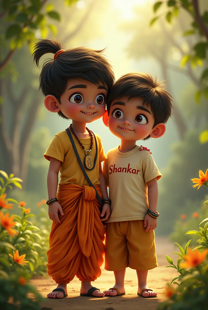 A 2 boy named Shankar on his shirt looking handsome beside lord krishna