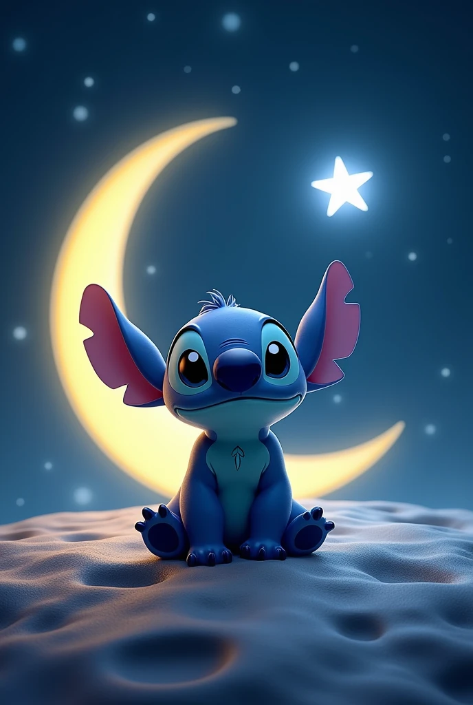 stitch (Lilo y stitch) on a moon and to one side a star 