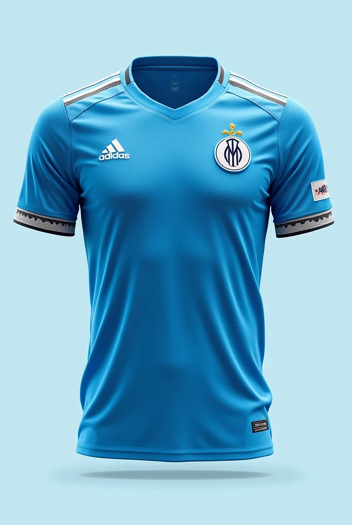 Un maillot de l'Olympique de Marseille pourrait être imaginé avec les éléments suivants :

Couleur principale : Le bleu ciel traditionnel du club domine le maillot, symbolisant la Méditerranée et la ville de Marseille. La teinte pourrait être légèrement modernisée avec un effet dégradé ou texturé.
Éléments secondaires : Des touches de blanc pur, qui rappellent les couleurs historiques du club, pourraient être présentes sur les manches, le col, et les bandes latérales. Ces éléments blancs pourraient être agrémentés de détails argentés ou dorés pour ajouter une touche de sophistication.
Logo : Le logo de l’OM serait évidemment présent sur la poitrine, avec ses couleurs traditionnelles en bleu et blanc, peut-être légèrement modernisé avec un effet 3D ou brodé pour plus de relief.
Sponsor : Le logo du sponsor principal serait positionné au centre, juste en dessous du logo du club, avec une couleur contrastante mais harmonieuse, par exemple en noir ou bleu marine.
Détails : Pour marquer l’appartenance régionale, une  croix de Provence pourrait être intégrée subtilement dans le col ou sur la nuque, ajoutant une dimension locale au maillot. De plus, un motif discret de vagues pourrait être incrusté dans le tissu pour évoquer la proximité avec la mer Méditerranée.
Technologie : Le maillot serait conçu avec une matière légère et respirante, intégrant des technologies de gestion de l’humidité pour le confort des joueurs pendant les matchs.
Dos : Le dos du maillot pourrait être plus simple, avec un espace uni pour le nom et le numéro du joueur, mais avec un petit détail comme un rappel du blason de la ville de Marseille ou un motif stylisé.