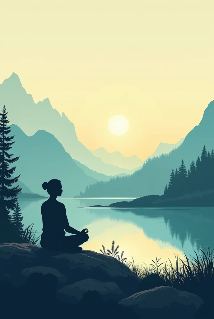 A panoramic image that combines visual elements of nature, like a landscape with gentle mountains, a clear sky at dawn, or a serene lake surrounded by green trees. You could include a silhouette of a person meditating in the center or in a corner., reflecting calm and inner balance. Accompanying the image, in a clear and modern typeface, add the name of the page (if you wish) or a short slogan like "Find peace in every day" in a color that contrasts gently with the background, like white or beige. size 9x16
