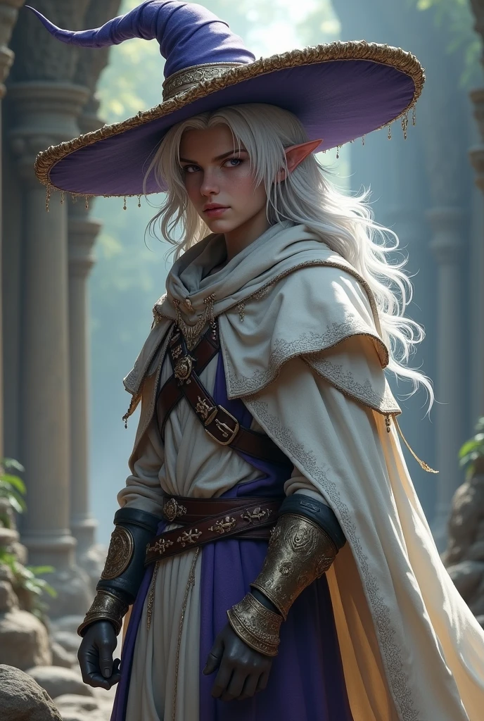 Half-elf man, magician, young, prosthesis on right leg, White hair, White skin, violet eyes, light armor, Sombrero de magician