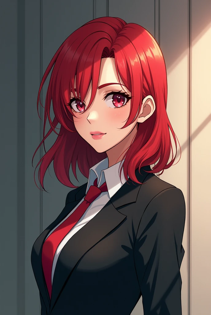 Anime girl 3,she's pretty girl, she's works in gouvernment,she have mid-length bright red hair,she's libertine ,She asserts herself very well and can be enigmatic,she have ,she has a slim physique,she's ENTJ-A