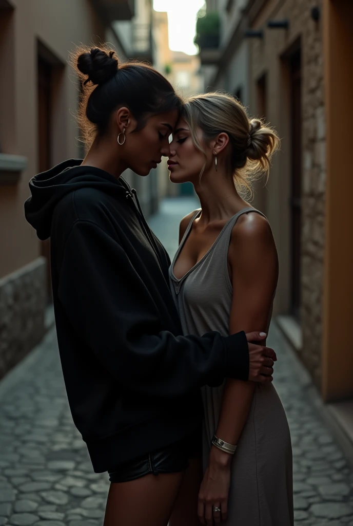 black woman hair in a bun black hoodie black leather short shorts making out with a old ugly woman wearing a dress on a back street in greece