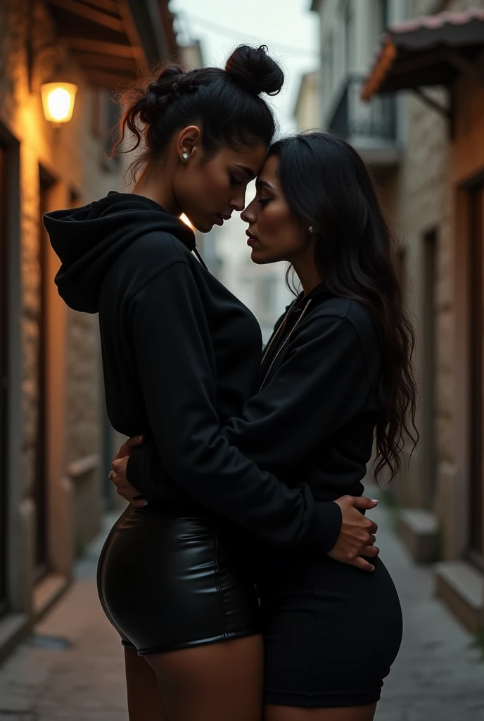 black woman hair in a bun black hoodie black leather short shorts making out with a old ugly woman wearing a dress on a back street in greece
