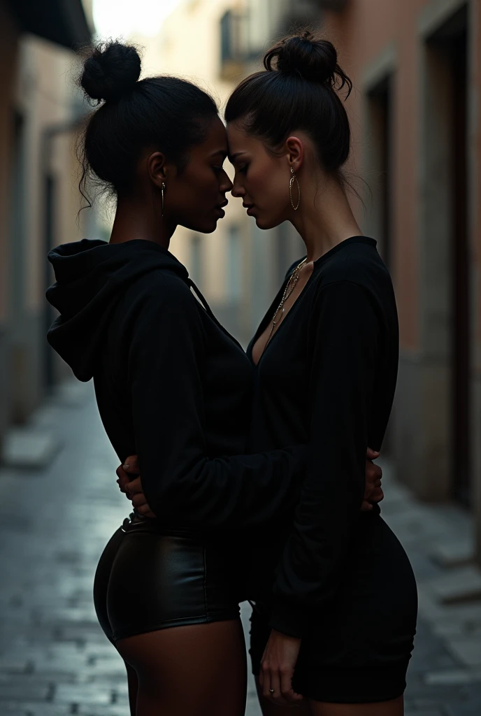 black woman hair in a bun black hoodie black leather short shorts making out with a old ugly woman wearing a dress on a back street in greece