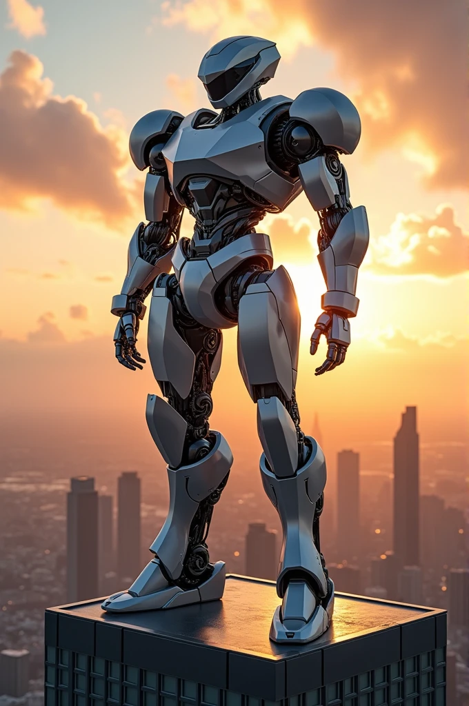 generate a mecha human robot standing on a top of a tower, city building as background, sunrise view, fluffy clouds, hyper ultra-sharp, very-detailed, hyper-realistic. 