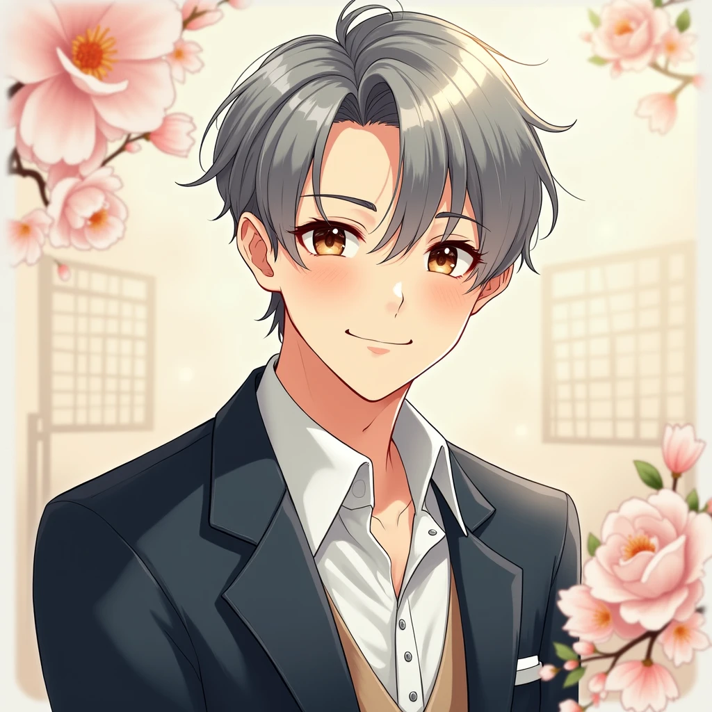 A gray-haired high school freshman。A handsome guy with a cute feel. The illustration has a Korean feel, so please draw it. Make it a bit more handsome. Smile., 
