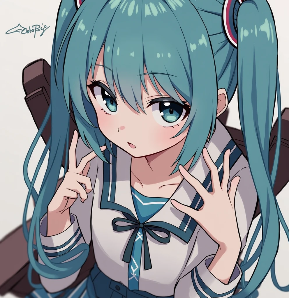 Anime girl blue hair cyan eyes bangs with pigtails schoolgirl