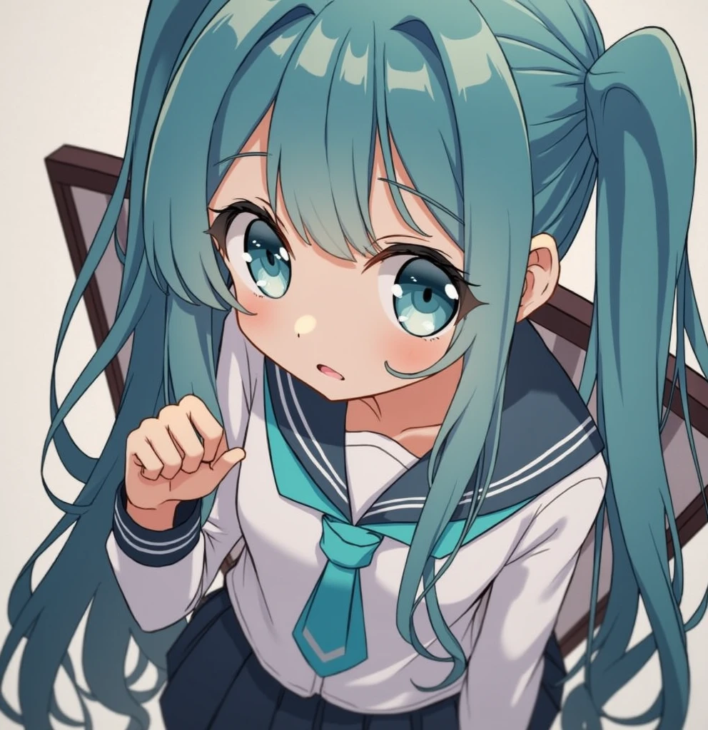 Anime girl blue hair cyan eyes bangs with pigtails schoolgirl