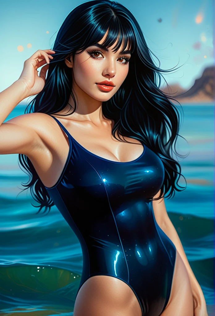 a 22yo woman with long black hair, in the style of charlie bowater, dark blue and dark black,realistic color palette, soft-focused realism,black hair, long hair, blunt bangs in a glossy one piece black shiny swimsuit 