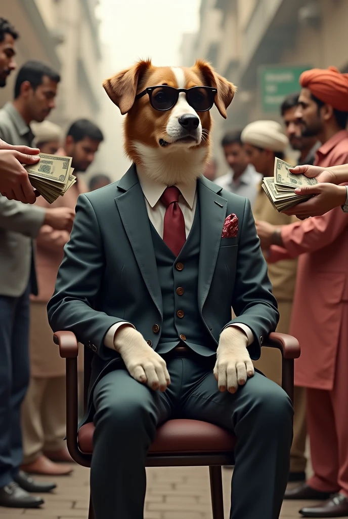 Dog sitting on chair with sunglasses and suit and giving money to Pakistani People's