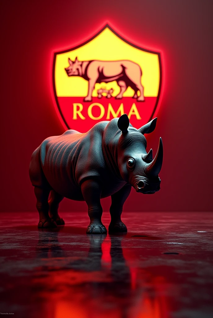 There is dark yellow rhinoceros with dark yellow and dark red neon lights in the dark red room. And the floor is wet. And there is big ac roma football club's logo on the wall. the AC Roma football club's logo must be clearly visible