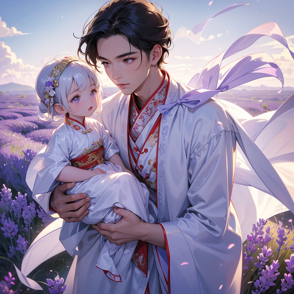 A one-year-old baby boy in an white ancient Chinese baby costume with his beautiful mother, dressed in an ancient Chinese costume, Stroll among the purple lavender fields , There are some floating clouds, playing with each other, with his handsome father standing next to his mother, close up.