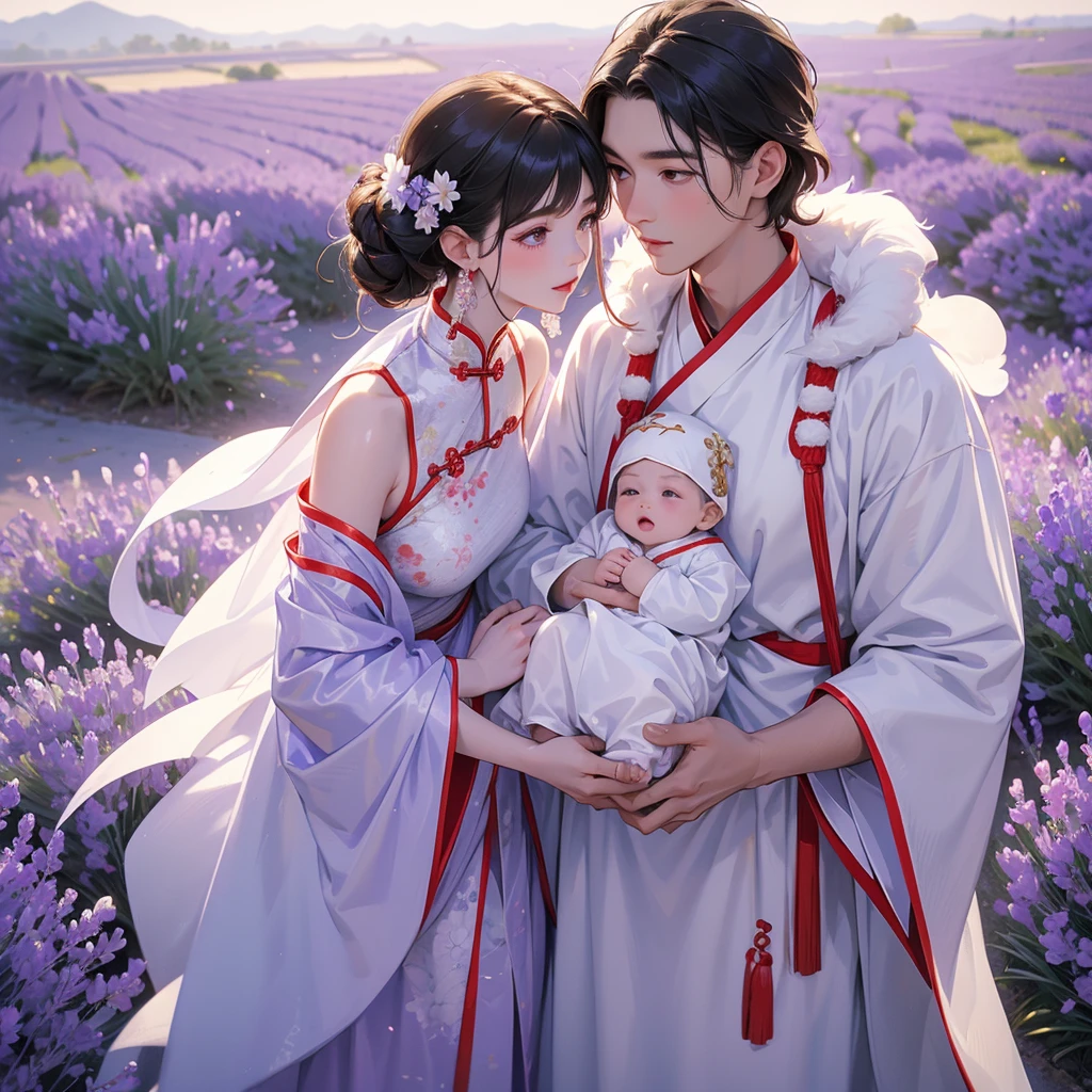 A one-year-old baby boy in an white ancient Chinese baby costume with his beautiful mother, dressed in an ancient Chinese costume, Stroll among the purple lavender fields , There are some floating clouds, playing with each other, with his handsome father standing next to his mother, close up.