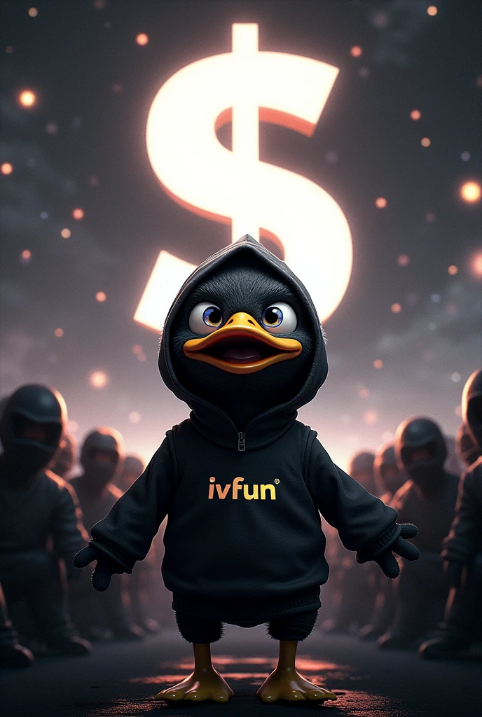 "Picture a teenage ninja duck in a 'Sin City'-style space setting. The duck is dressed in a sleek, dark ninja outfit with a bright IVFun logo t-shirt. The backdrop is a high-contrast, noir-inspired cosmic environment, featuring deep blacks and striking whites with splashes of color for distant stars, nebulae, and shadowy planets.

Surrounding the duck is a crowd of 1,000 enthusiastic fans, all wearing IVFun caps. The fans are depicted in silhouette or with minimal detail to maintain the noir aesthetic, their caps and general forms standing out against the dark space. The duck's face is a dramatic mix of shock and excitement, with wide eyes and an open beak as it gazes at a massive, glowing dollar sign floating before it, symbolizing an extraordinary increase in profits. This scene blends the gritty, stylized look of 'Sin City' with the thrill of financial success and the energy of a massive fanbase." 8K