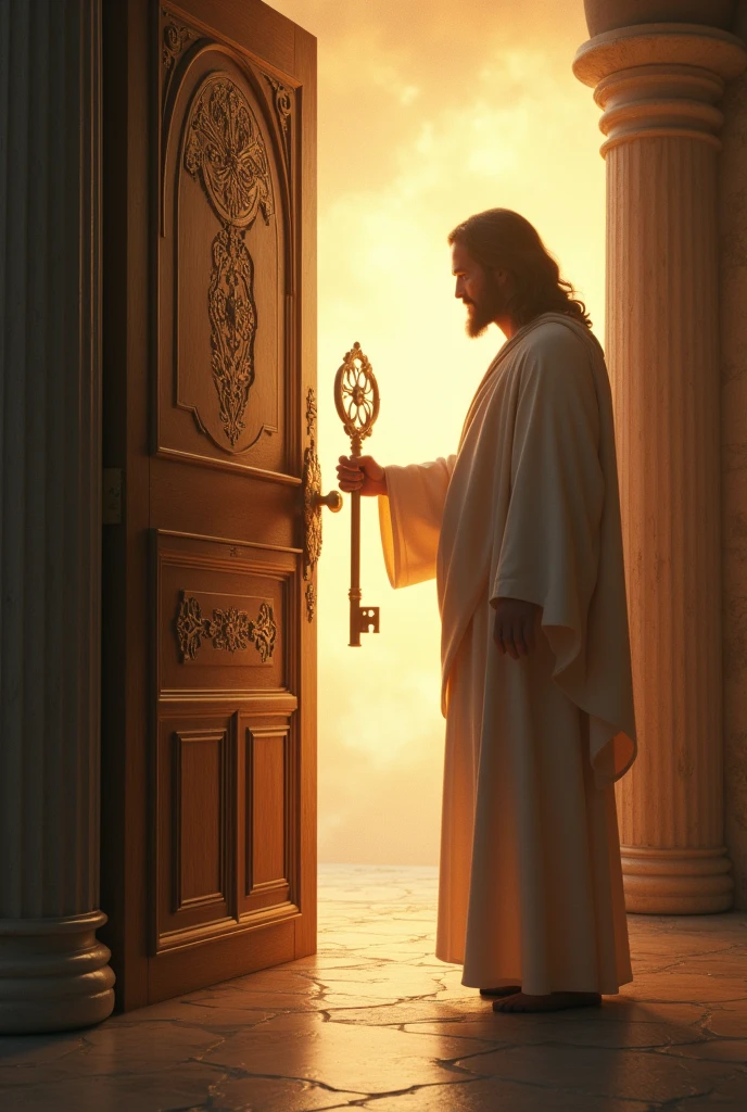 A symbolic image of a key unlocking a door with Jesus standing beside it, representing the concept of 'knocking and it will be opened,' hyper-realistic style with detailed textures of the key and door, set against a backdrop of divine light and ethereal ambiance, medium shot, photo realism, cinematography 