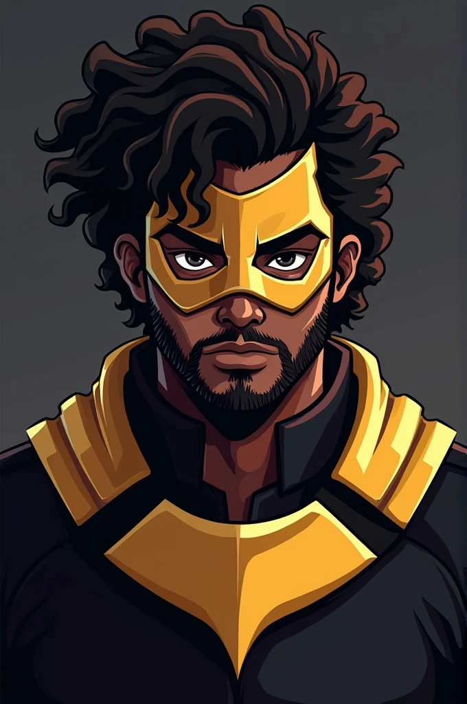 I want you to make a gamer logo that has a dark-skinned male character with curly hair who has a golden mask and a black and gold shirt.