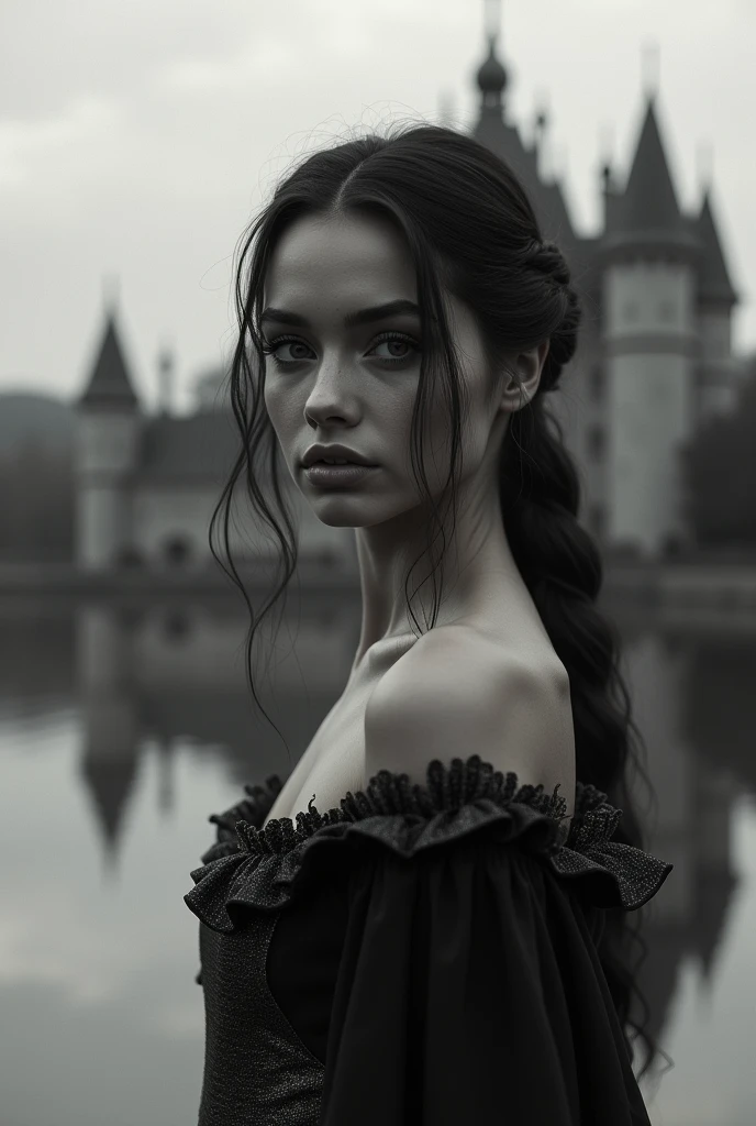 (best qualityer, 4K, 8k, high resolution, Masterpiece artwork: 1,2), ultradetailed, (realisitic, fotorrealisitic, fotorrealisitic: 1,37), medieval brazilian girl, young woman, beautiful detailed eyes, beautiful detailed lips, extremely detailed eye and face, long eyelashes, medieval gown, standing near a lake, castle in the background, reflection in the lake, monochrome, elegant pose, serene expression, dramatic lighting, temperamental atmosphere