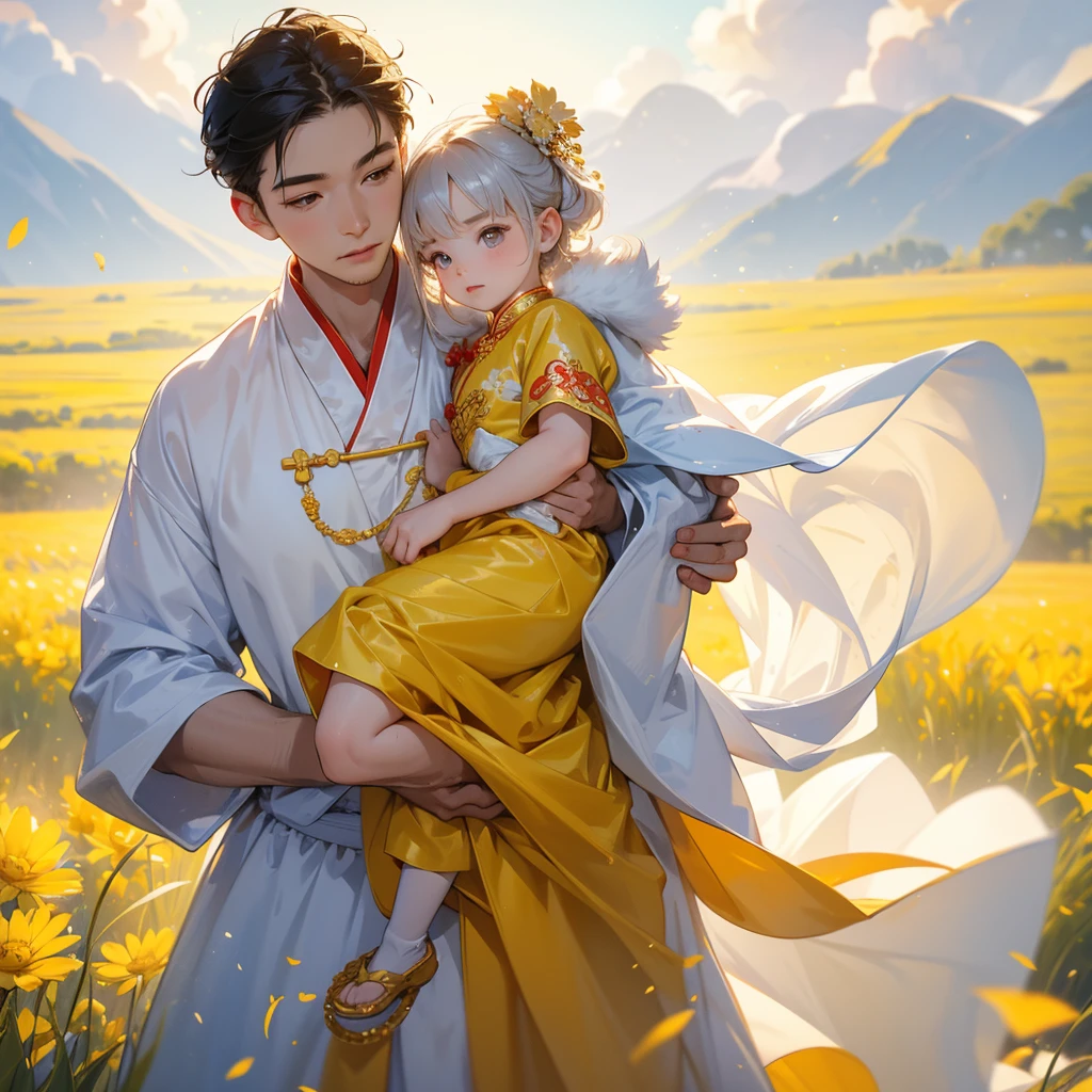 A one-year-old baby boy in an white ancient Chinese baby costume with his beautiful mother, dressed in an ancient Chinese costume, Standing in the midst of a field of bright yellow gold fields , There are some floating clouds, playing with each other, with his handsome father standing next to his mother, close up.