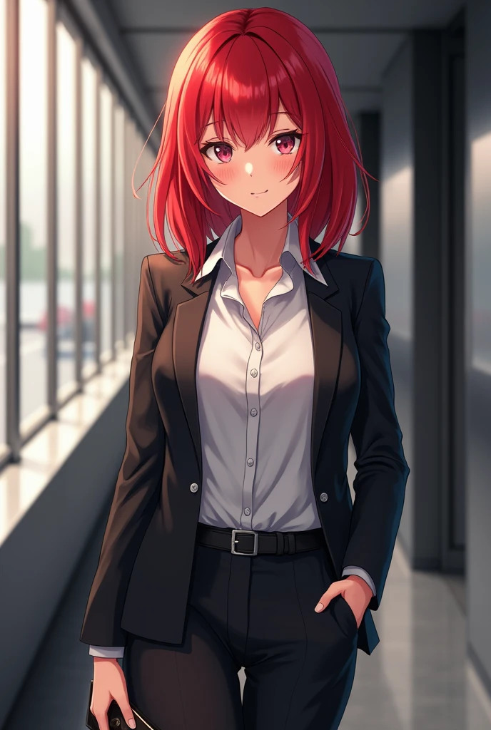 Anime girl 3,she's pretty girl, she's works in gouvernment,she have mid-length bright red hair,she's libertine ,She asserts herself very well and can be enigmatic,she have ,she has a slim physique,she's ENTJ-A