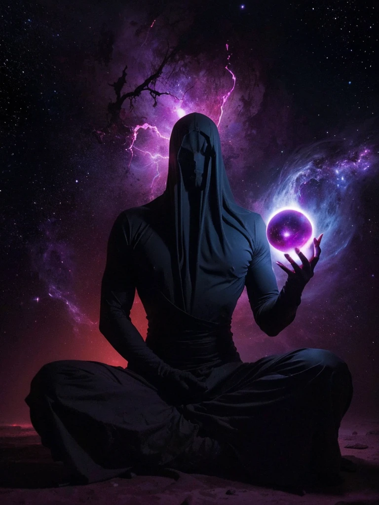 Create a highly detailed and atmospheric digital painting of a cosmic dark entity meditating in a lotus position on the surface of a barren planet. The entity has a shadowy, featureless face and a muscular humanoid body covered in dark organic tendrils that appear to flow and twist around it.. A bright red crystal is embedded in his chest, pulsating with dark energy. Above the head of the entity, A spinning purple and black cosmic vortex with a glowing mystical orb at its center radiates power, Shedding an ethereal light. The background features a vast star-filled galaxy with purple nebulas and distant cosmic phenomena., creating a sense of infinite space and power. The lighting is dark and sinister, and the main sources of light are the glowing red crystal and the mystical orb. The overall color palette is dominated by deep purples., black and touches of red, evoking a sense of cosmic mystery and power.