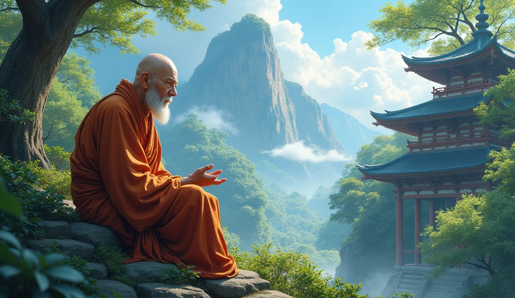 Old bald monk sensei, talking, sitting, beautiful scenario, trees, temples, cliff, in anime style,
