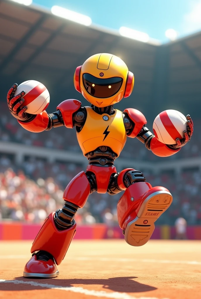 Create an Olympic mascot of a character playing volleyball,  It must be a robot that has the colors red and yellow and on its chest it must have the logo of a lightning bolt