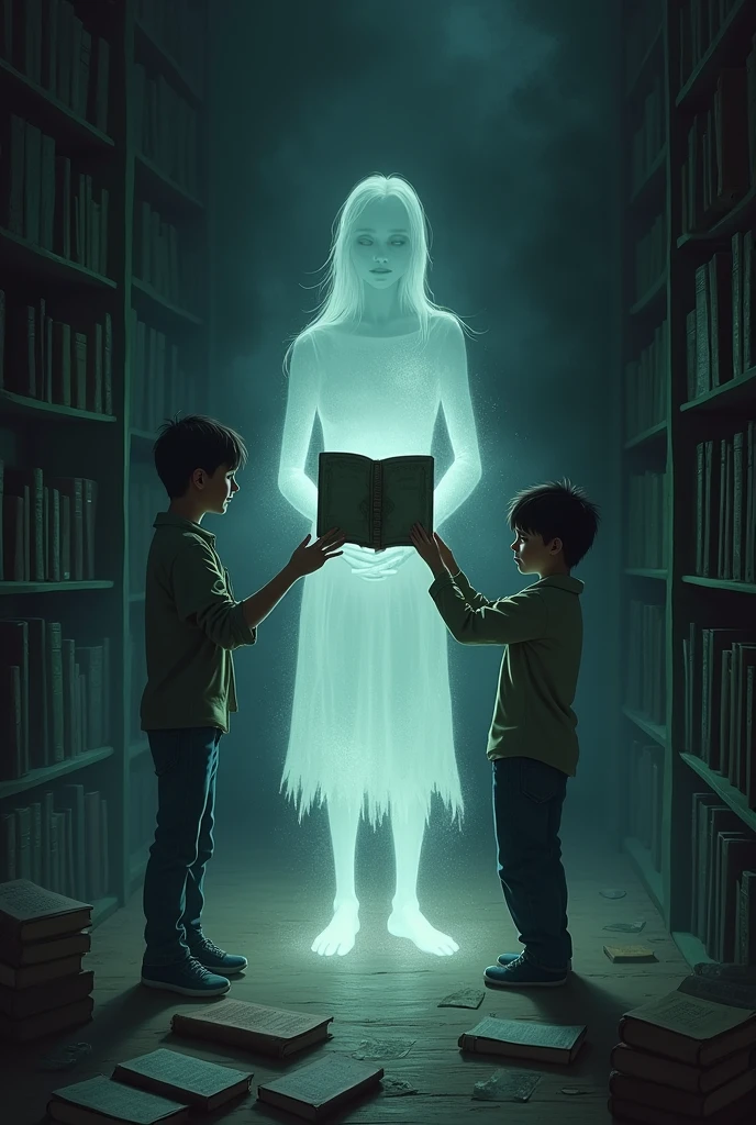 In the shadowy library, the ghostly girl begins to dissolve into thin air, her glowing form slowly disintegrating into mist. In her place, an old, leather-bound diary appears in the trembling hands of a terrified boy. The surroundings are dark and oppressive, with books scattered on the floor and the eerie glow of the diary casting strange shadows across the boy’s face. This moment should feel suspenseful and filled with dread, as if the story is far from over.