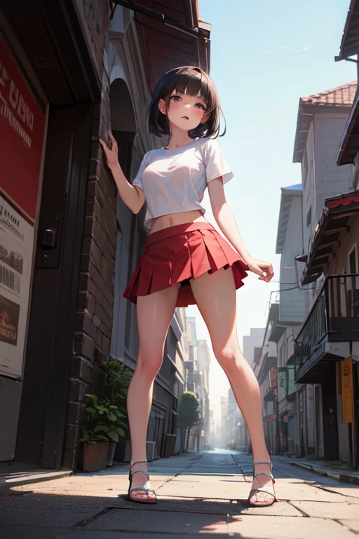 ((Best Quality)), ((masterpiece)), (Very detailed), 1 girl,tight black mini skirt,white t-shirt, neckline, detailed red panties, urban landscape, 25 years, shame face,((Whole body)),((view from below))