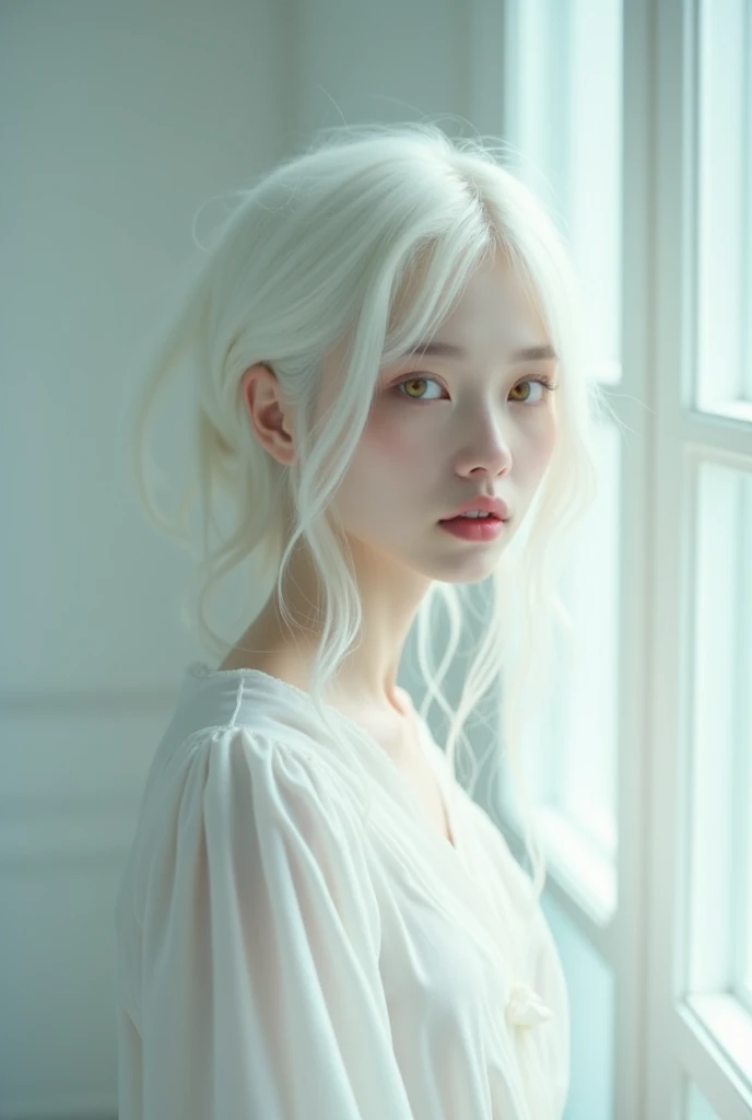 off , white hair, slightly yellow eyes, white blouse in light fabrics