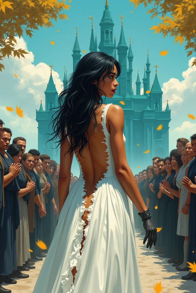 Caramel skinned princess with long black hair and blue eyes. your hands are wearing a pair of iron gloves that cover your fingers. She is wearing a white wedding dress that is ripped and shows her back with a vertical tear.. She is looking at a turquoise palace and is scared. There are many people looking at her with disgust. Golden leaves fall from the blue sky. There are black and gold veins popping out from her bare back. Realistic illustration like fairy tales.