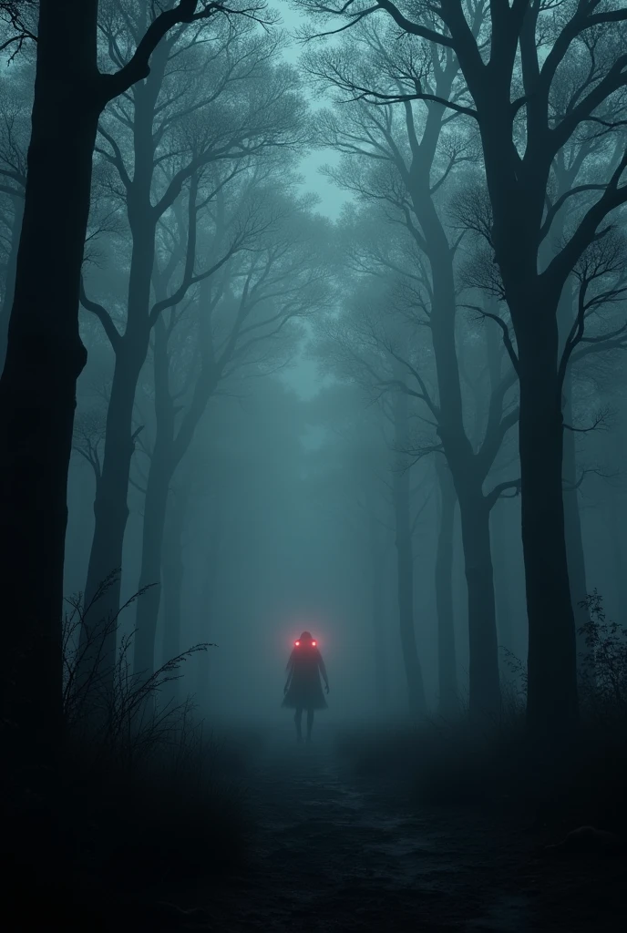 Generate a hauntingly realistic image of a dense forest at night, filled with towering trees that create an oppressive atmosphere. The scene is shrouded in thick fog, making visibility difficult. In the distance, almost hidden among the trees, is a barely perceptible silhouette. The focal point of the image is a pair of small, glowing red eyes, eerily piercing through the darkness. The overall effect should evoke a strong sense of fear and unease, as if something sinister is lurking just out of sight.