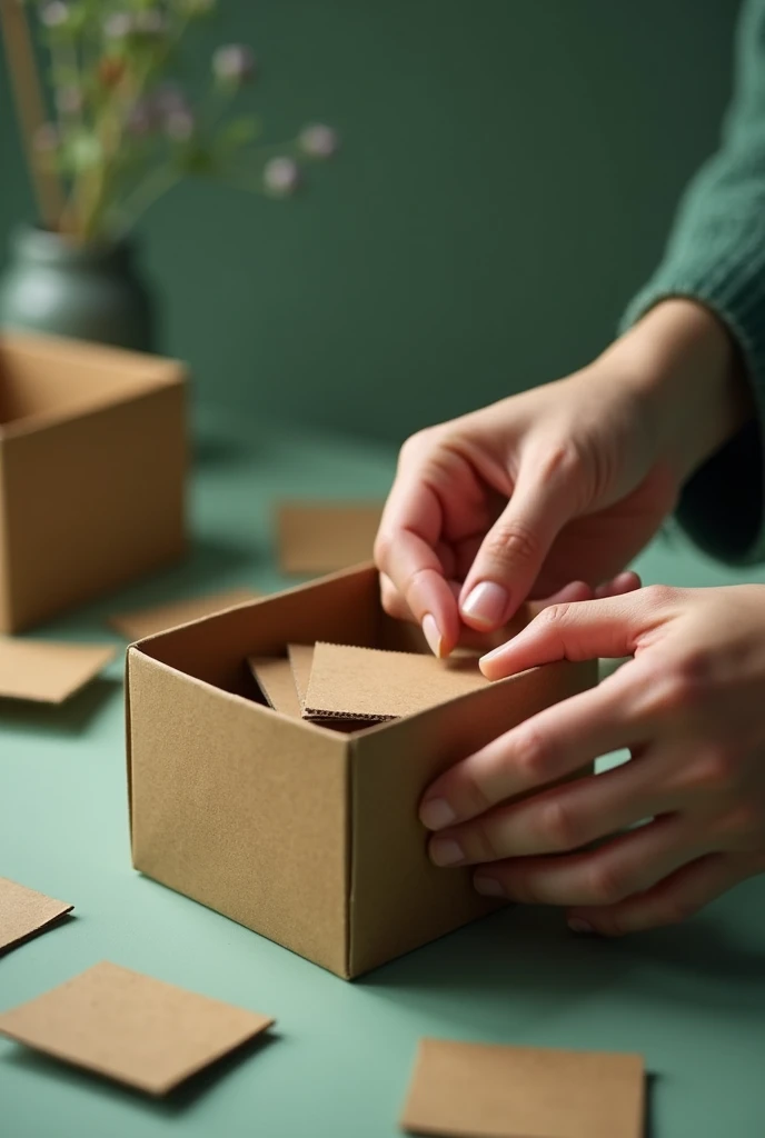 Glue two small cardboard squares INSIDE THE SHOE BOX with a glue gun (hot silicone) You can only see the hands doing the work on a table and with a subtly green aesthetic filter